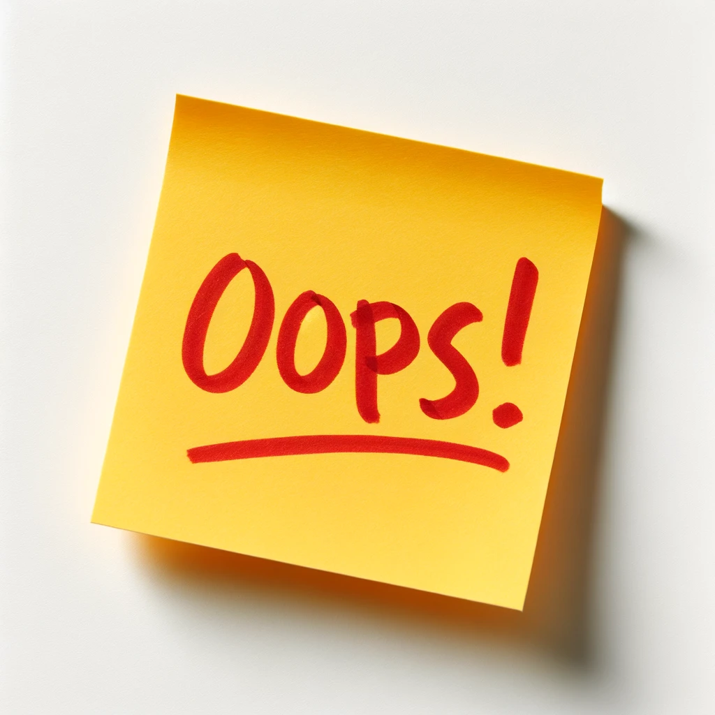 Yellow Post-It note with the word "Oops!" written in red marker.