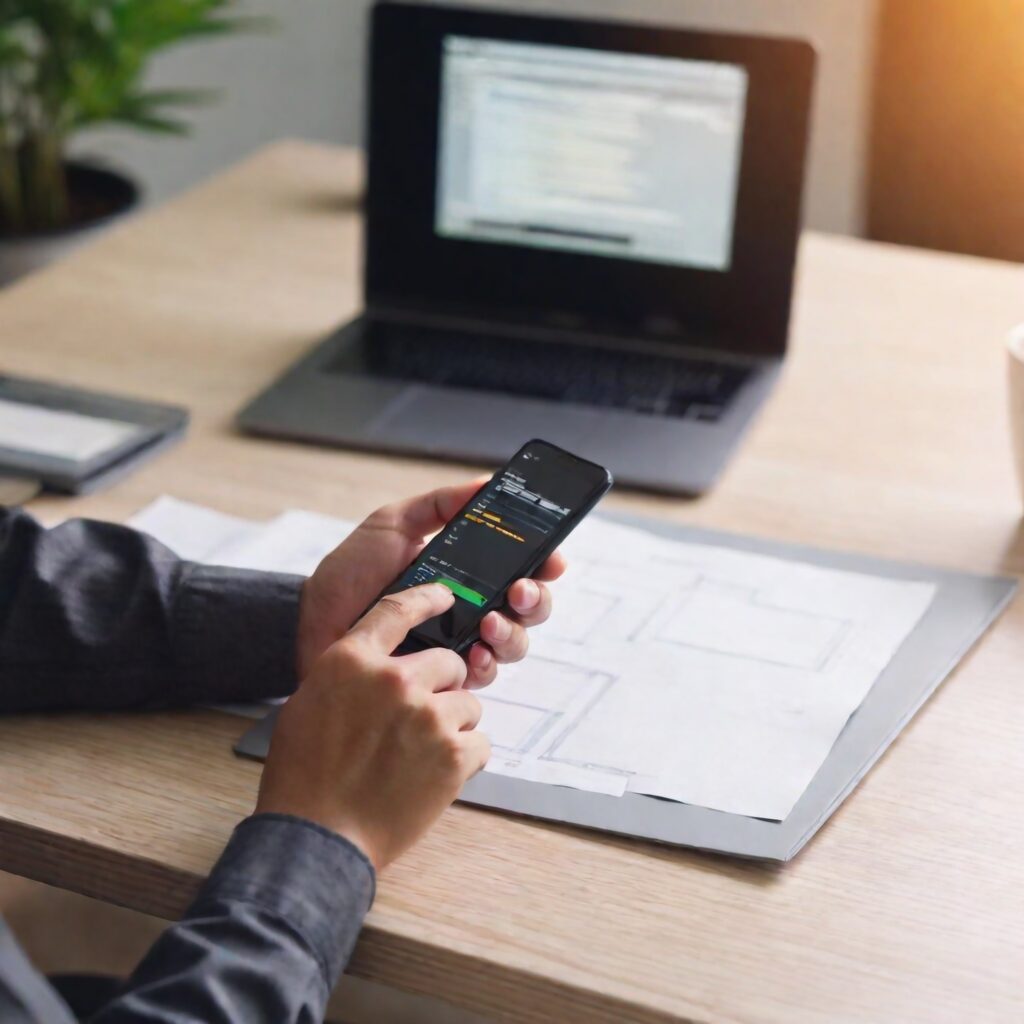 Image of hands holding a cell phone in front of laptop while using AI to assist in writing a resume.